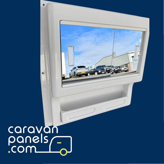 Cleo Bathroom Vanity Cabinet Featuring twin mirror sliding doors.